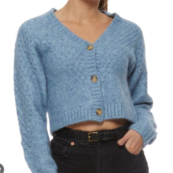 FLAG & ANTHEM I Light Blue Boxy Cropped Knit V- Neck Cardigan Sweater, L - Picture 2 of 12